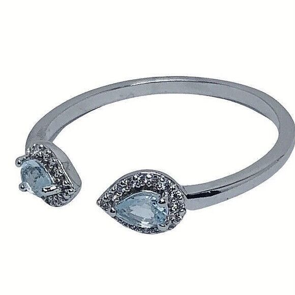 Aquamarine Pear Open Front Ring Sz 10 Rhodium Plated Marquise pretty - Picture 3 of 16
